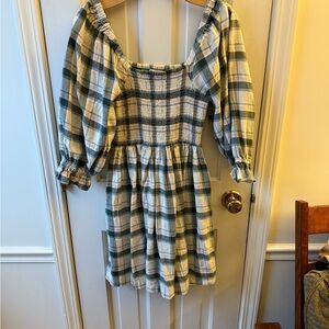 Madewell Lucie Elbow-Sleeve Smocked Mini Dress in Lebaum Plaid
